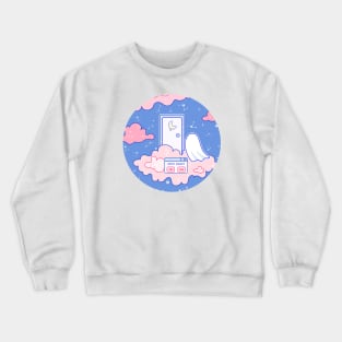 A ghost is in front a moon door up in the clouds Crewneck Sweatshirt